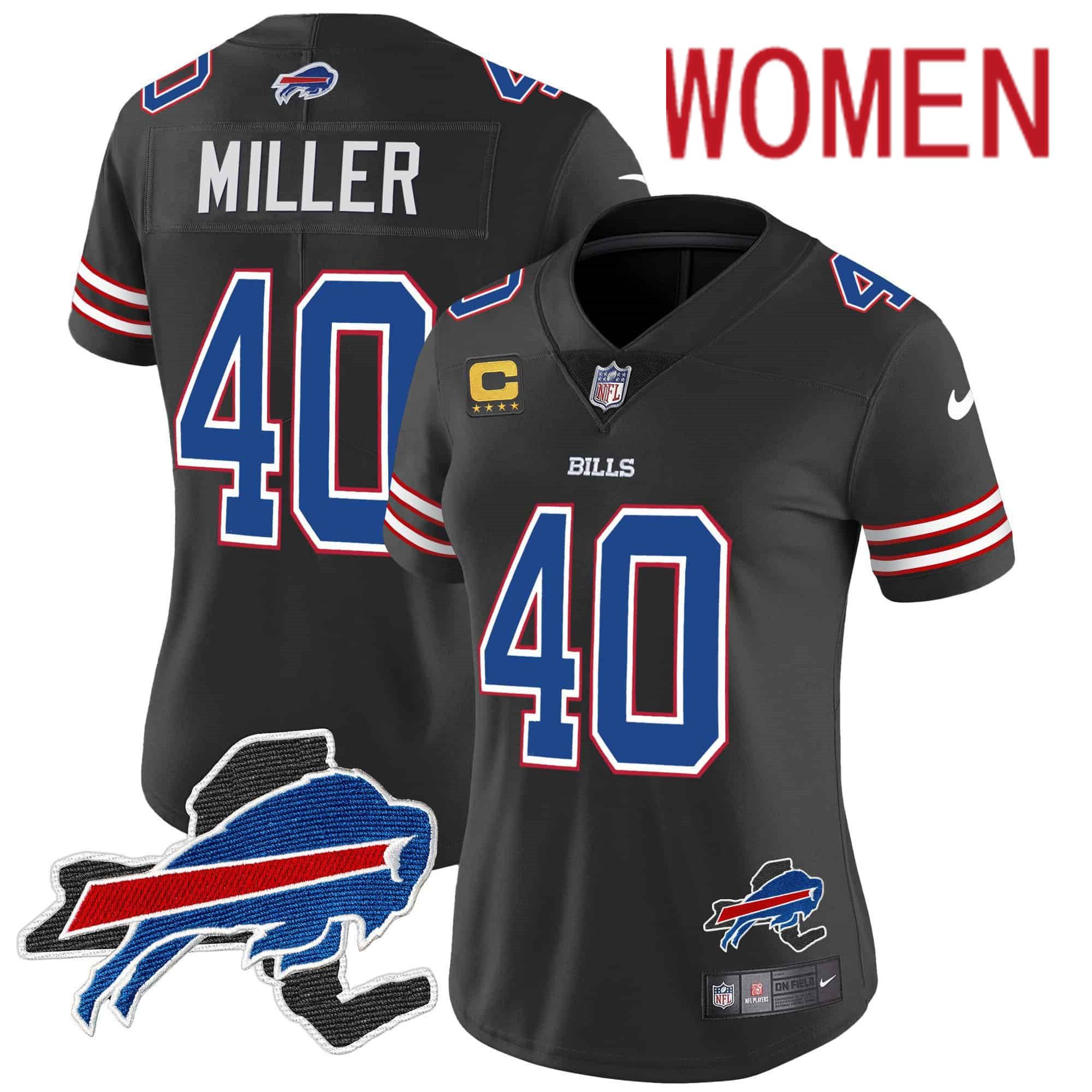 Women Buffalo Bills #40 Miller Black 2024 Nike Patch Vapor Limited NFL Jersey style 1